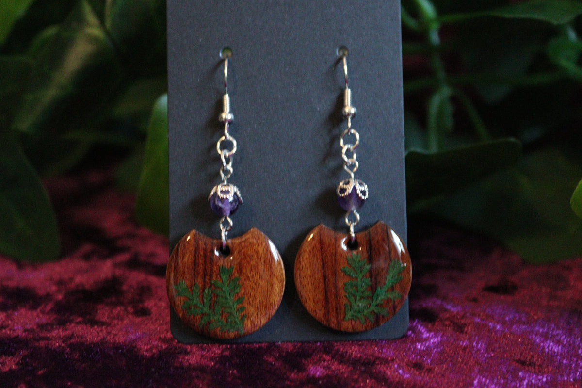 Walnut Wood Flower & Crystal Earrings