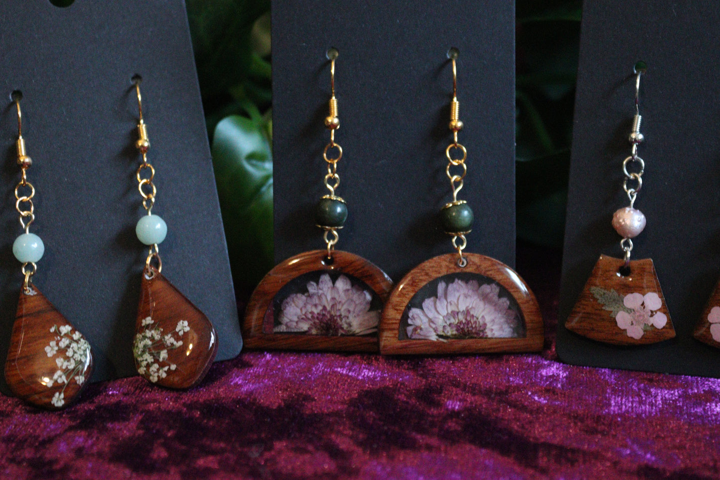 Walnut Wood Flower & Crystal Earrings
