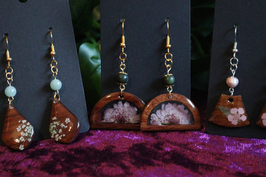 Walnut Wood Flower & Crystal Earrings