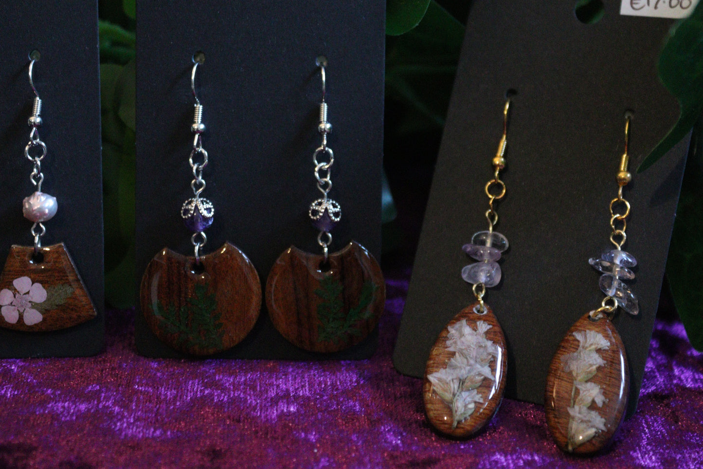 Walnut Wood Flower & Crystal Earrings