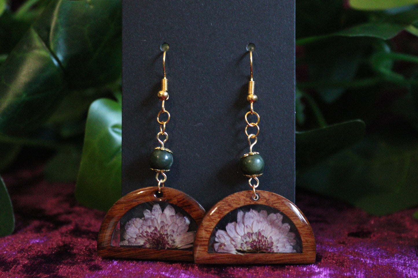 Walnut Wood Flower & Crystal Earrings