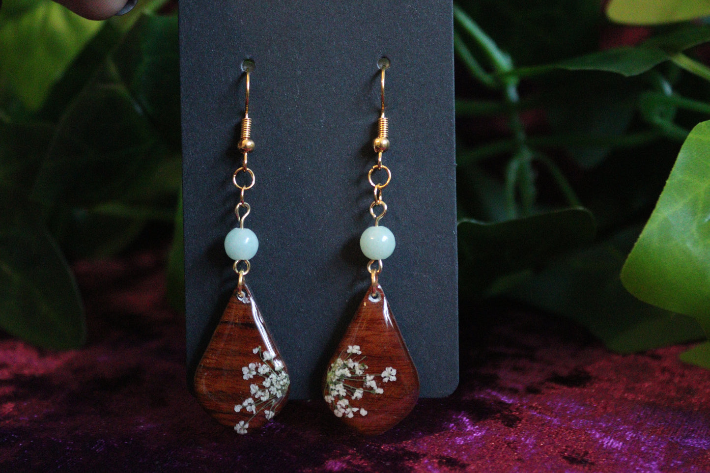 Walnut Wood Flower & Crystal Earrings
