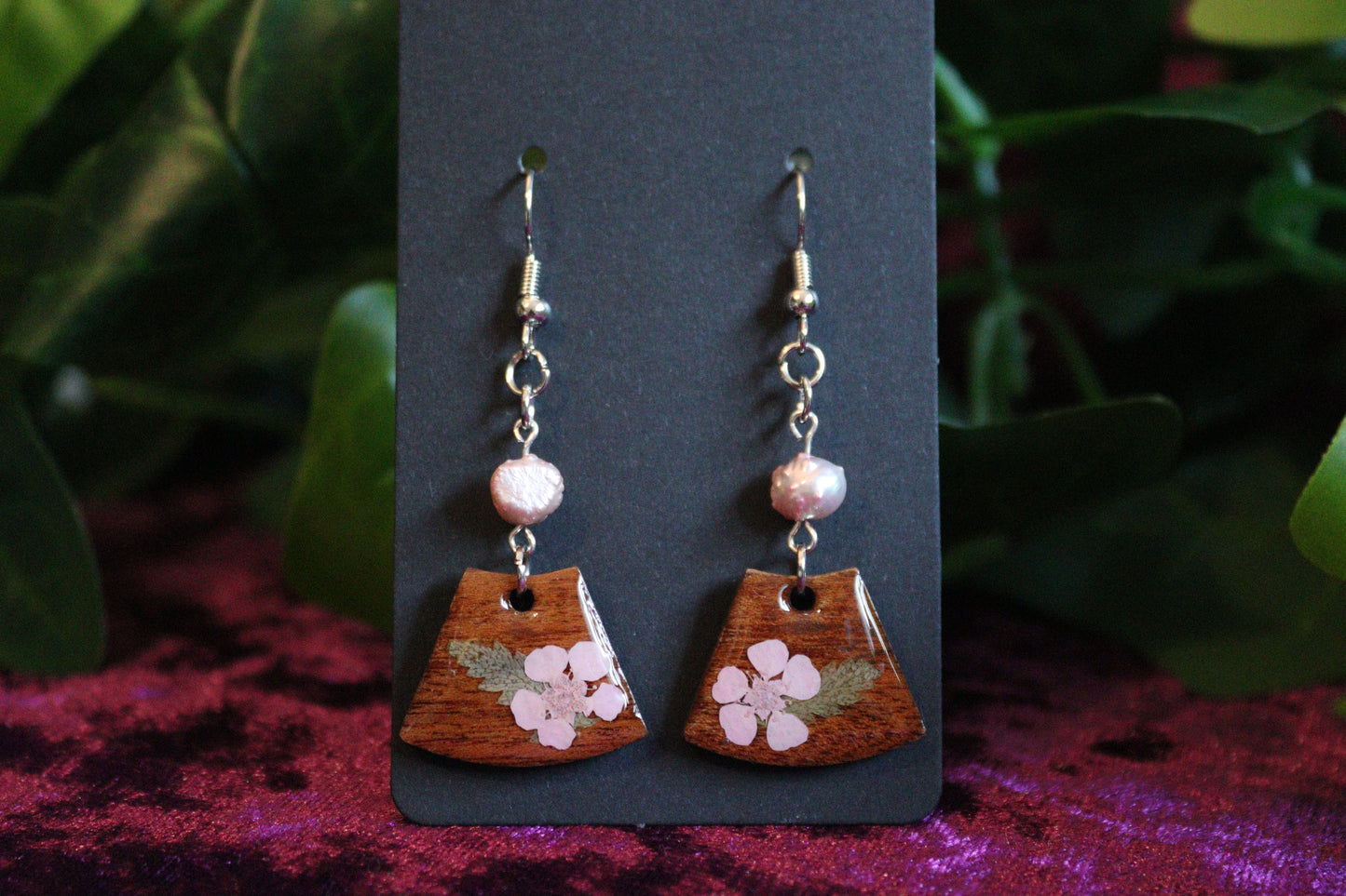 Walnut Wood Flower & Crystal Earrings