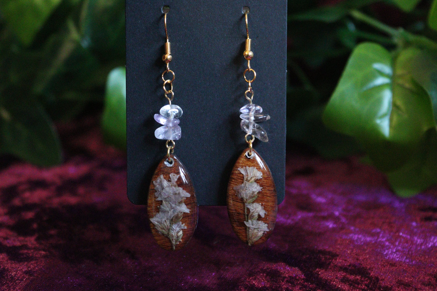 Walnut Wood Flower & Crystal Earrings