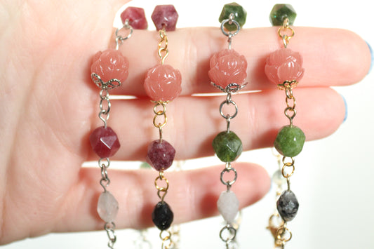 Peony, Tourmilinated Quartz and Moss Agate Bracelets