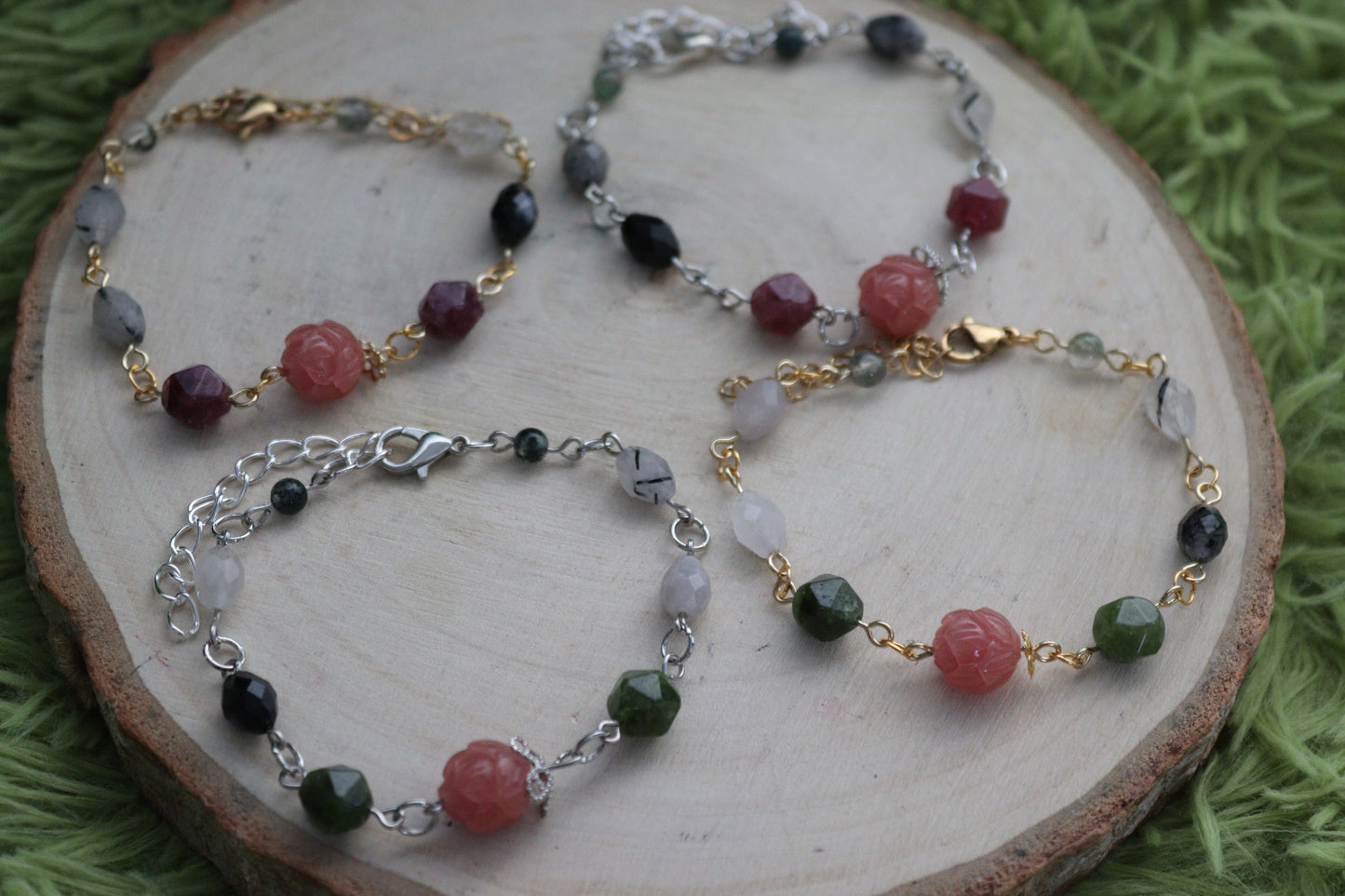 Peony, Tourmilinated Quartz and Moss Agate Bracelets