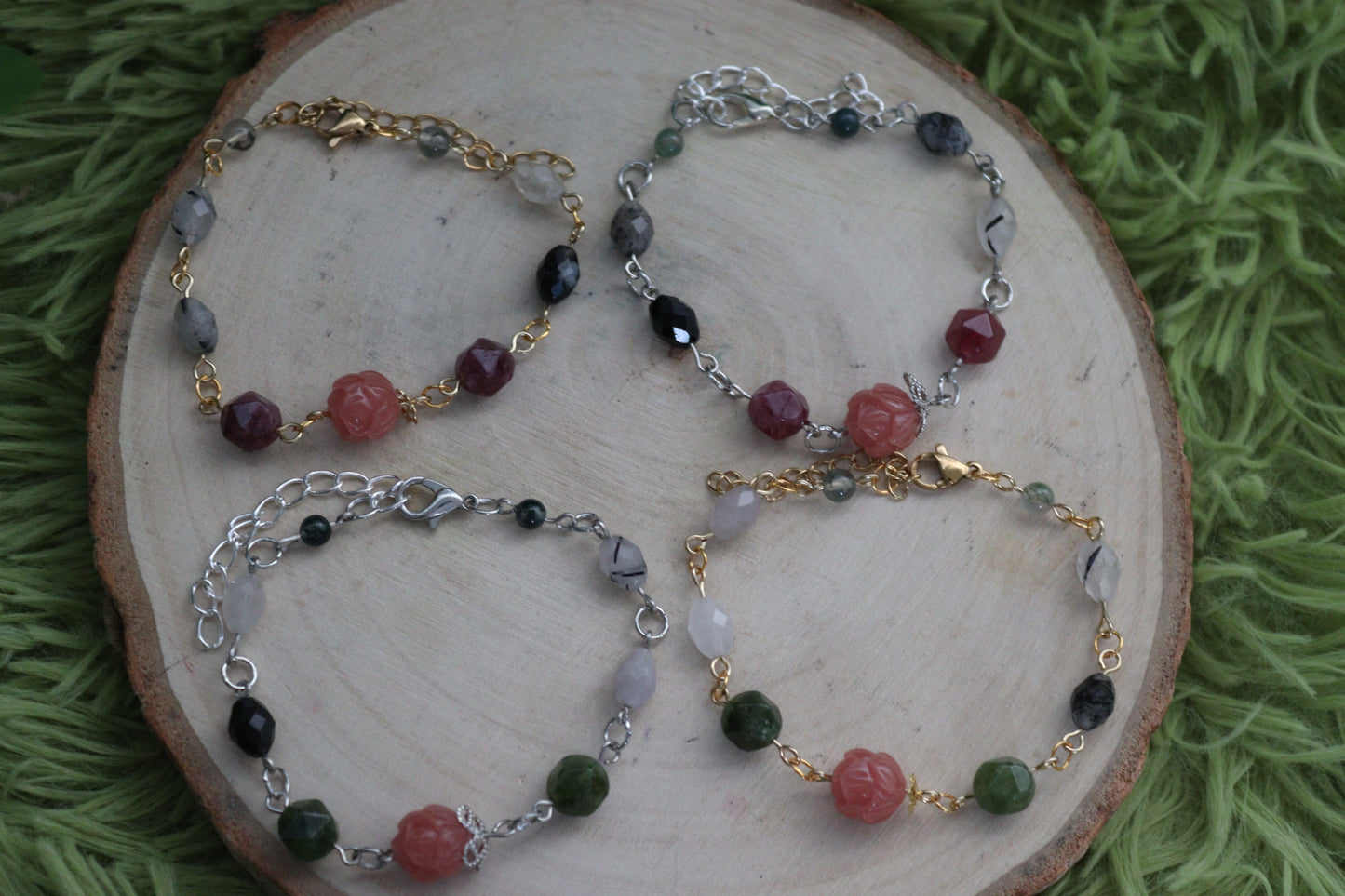 Peony, Tourmilinated Quartz and Moss Agate Bracelets