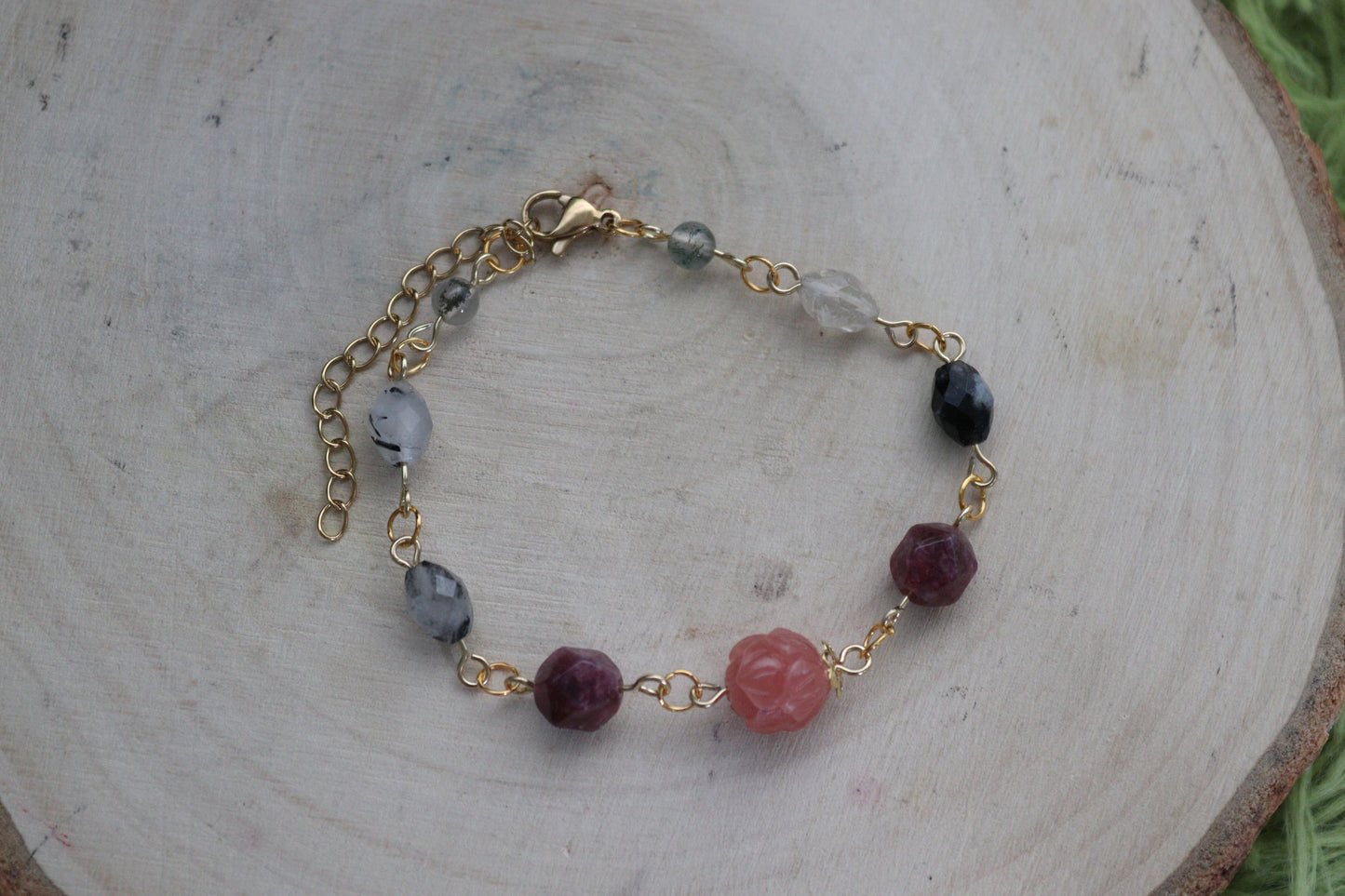 Peony, Tourmilinated Quartz and Moss Agate Bracelets