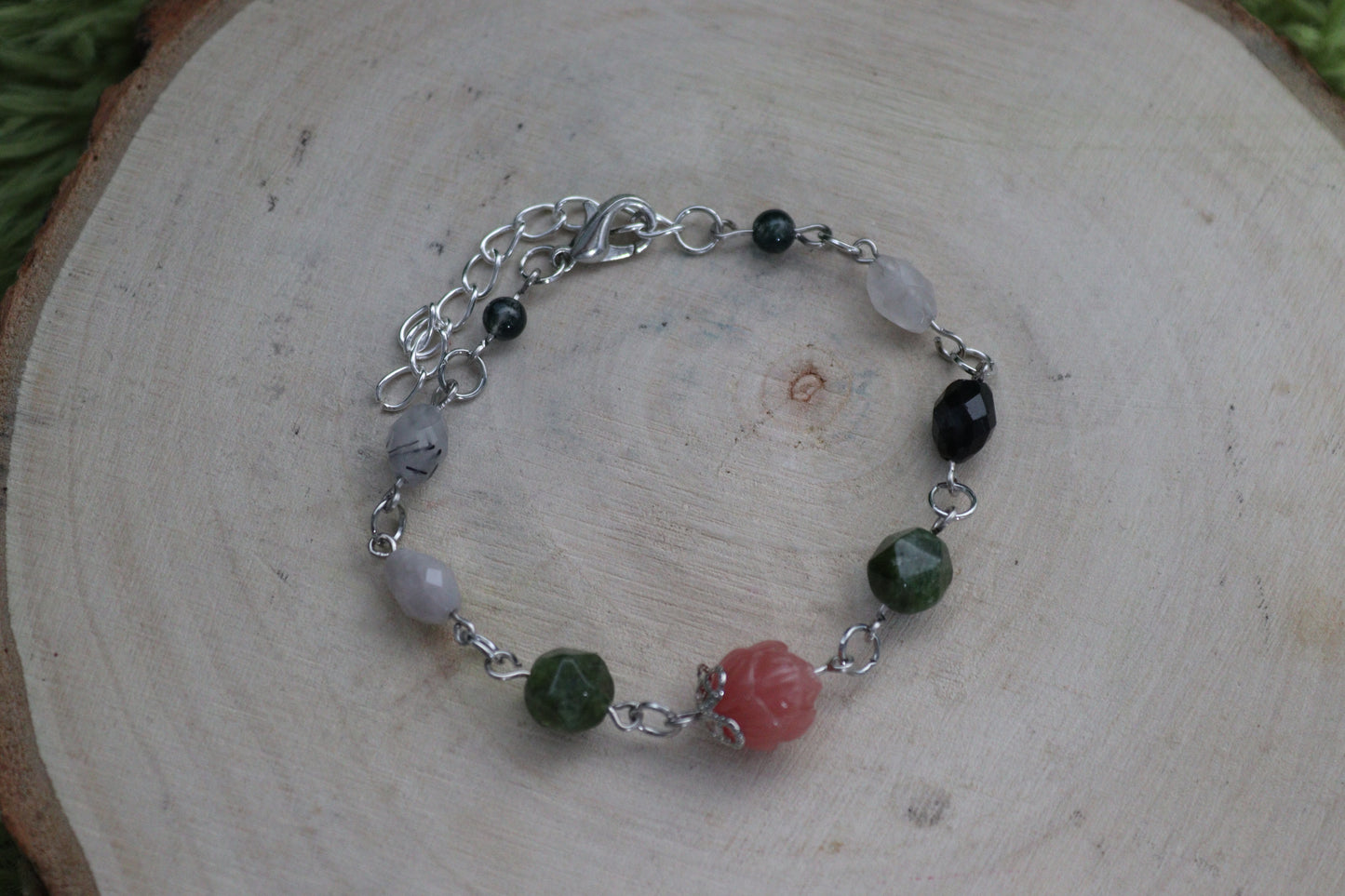 Peony, Tourmilinated Quartz and Moss Agate Bracelets