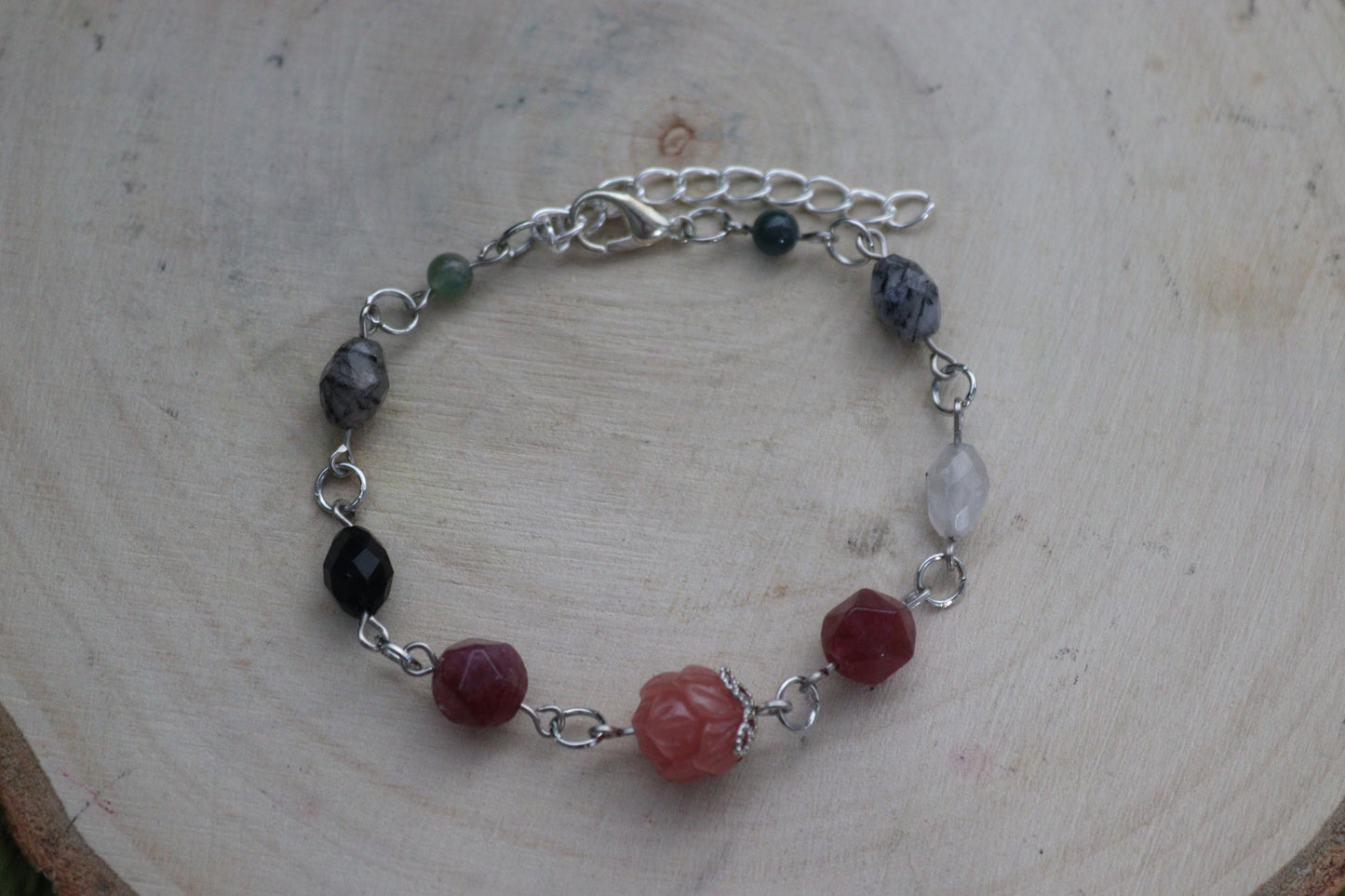 Peony, Tourmilinated Quartz and Moss Agate Bracelets