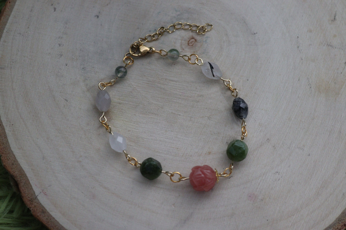 Peony, Tourmilinated Quartz and Moss Agate Bracelets
