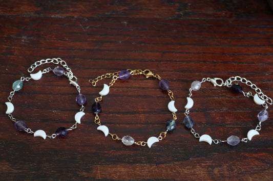 Rainbow Fluorite & Aura Mother of Pearl Moon Bracelets
